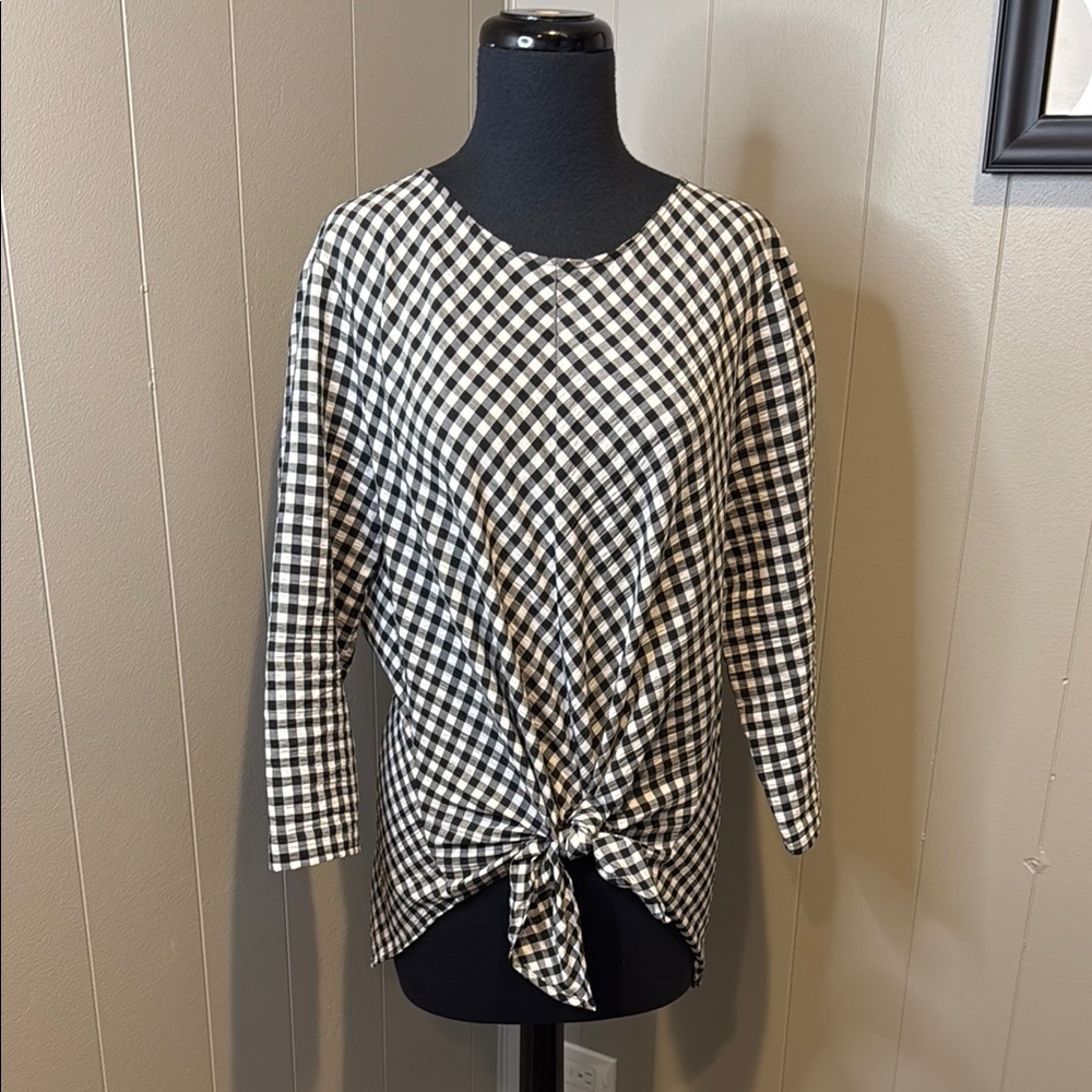 Zara Women’s XL Monochrome Checkered Blouse Front Tie Waist